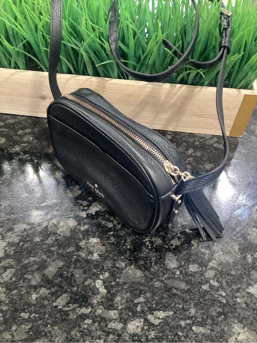 kate spade Black Pebbled Leather Crossbody Camera Bag with Tassel